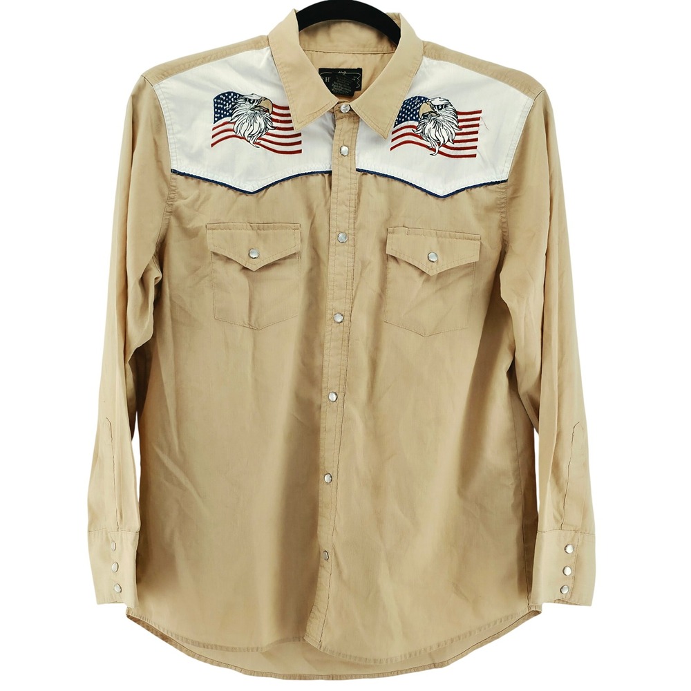 High Noon Western Shirt Men Large Tan Eagle American Flag Pearl Snap Long Sleeve